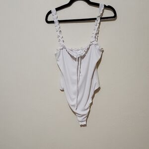 Privacy Please White Lace Trim Bodysuit